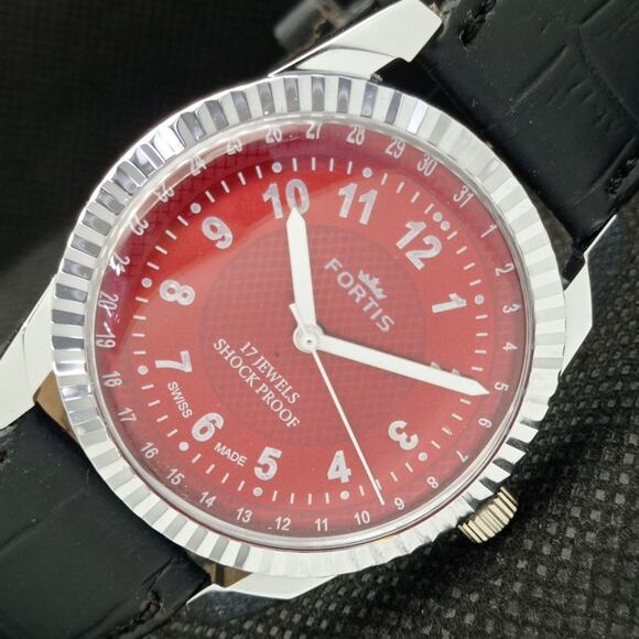 Vintage 1976 Fortis Manual Mens Silver Watch W/Leather Strap & Red accents - Picture 1 of 8